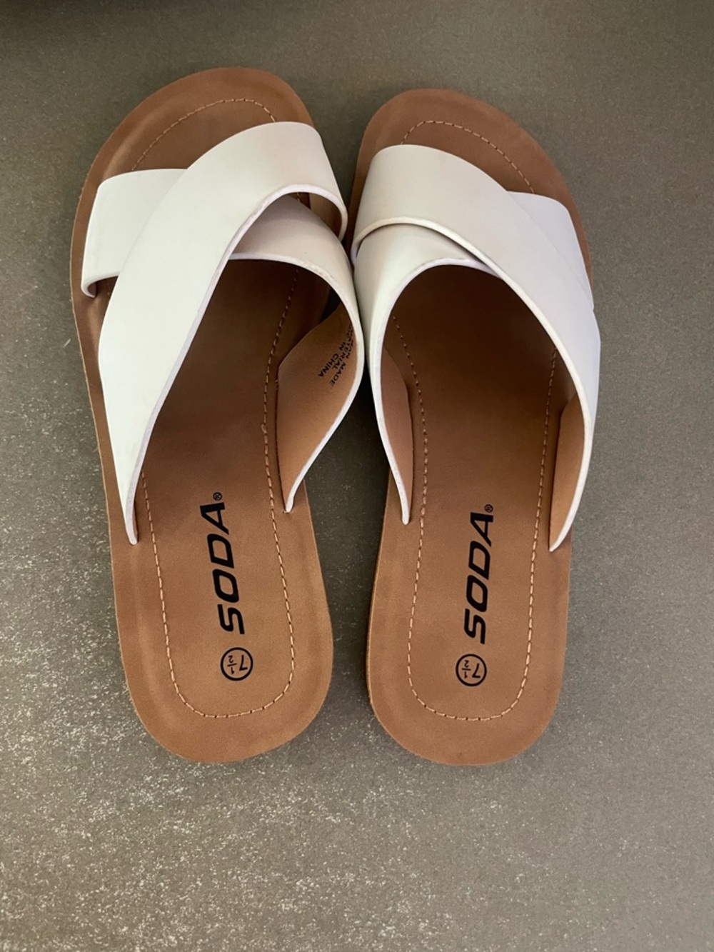 Soda White Crisscross Slide Sandals with Tan Footbed